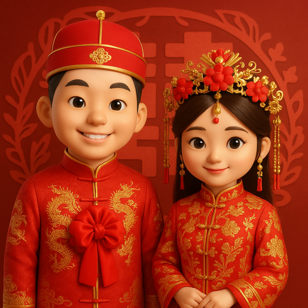 中式婚礼Q版3D人物